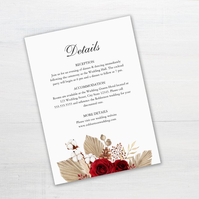 Burgund-Rose Hochzeitskarte Einladung (Burgundy Roses and Palm Leaves Wedding Details Card Template on gray table)