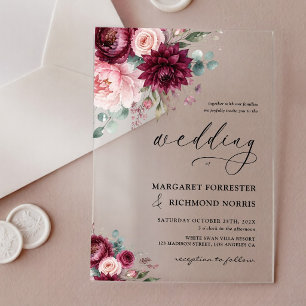 Burgund & Rosé Moderne Rustikale Elegante Hochzeit Acryleinladungen