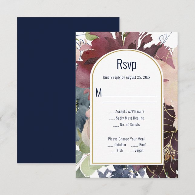 Burgund, Rose, Navy Gold Arch UAWG RSVP Karte (Vorne/Hinten)