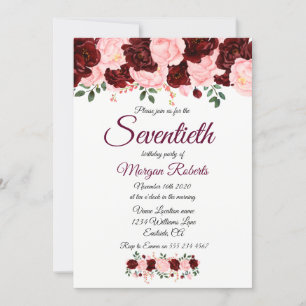 Burgund Rose Pink Floral Seventieth 70. Geburtstag Einladung