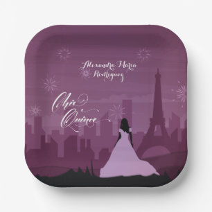 Burgund Rose Pink Paris Feuerwerk Quinceañera Pappteller