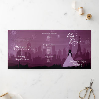 Burgund Rose Pink Paris Feuerwerk Quinceañera Tri Dreifach Gefaltete Einladung