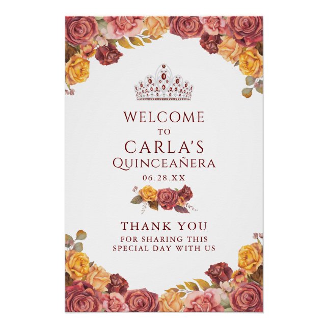 Burgund Rose Quinceanera Begrüßungszeichen Poster (Vorderseite)
