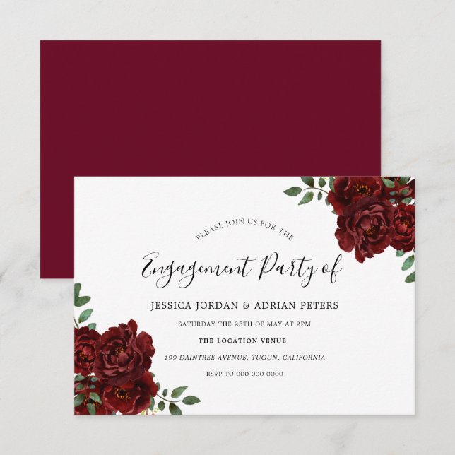 Burgund-Rose Romantische Engagement-Partei Einladung (Vorne/Hinten)