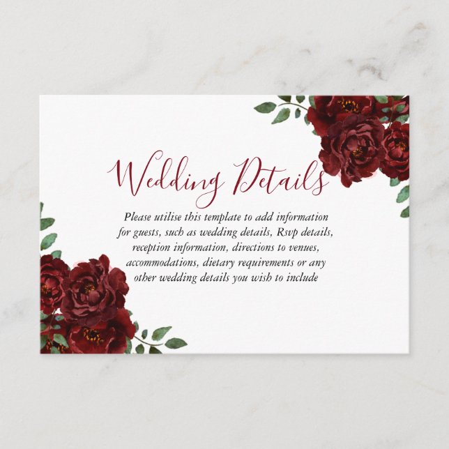Burgund Rose Romantische Hochzeitsempfehlung Begleitkarte (Vorderseite)