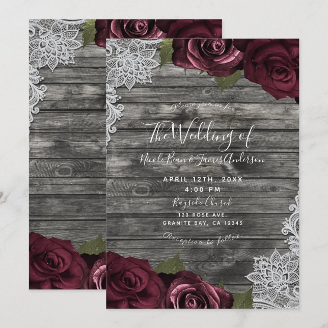 Burgund Rose Rustikale Hochzeit aus grauem Holz Einladung (Vorne/Hinten)