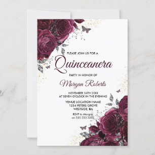 Burgund Rose Schmetterlinge Quinceanera Party Einladung