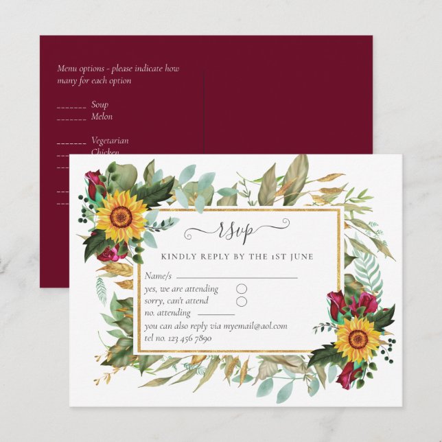 Burgund Rose Sonnenblumen Hochzeit RSVP Postkarte (Vorne/Hinten)