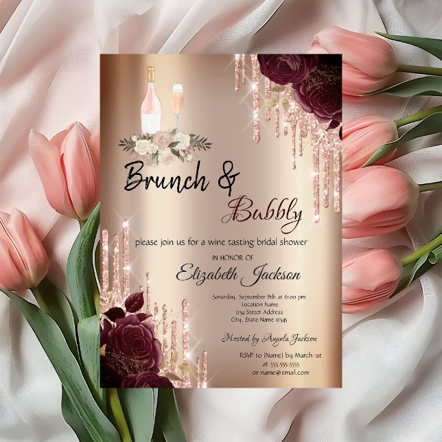 Burgund Rose Tropfen Brunch & Bubbly Brautparty Einladung (Von Creator hochgeladen)