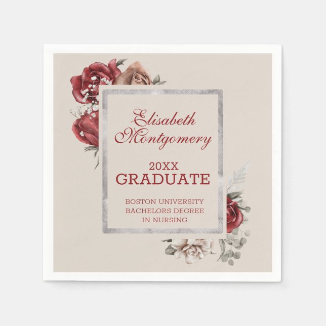 Burgund-Rose und Silver-Frame-Graduierungspartei Serviette (Vorderseite)