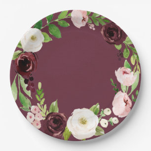 Burgund Rose Wasserfarben Floral Baby Dusche Telle Pappteller