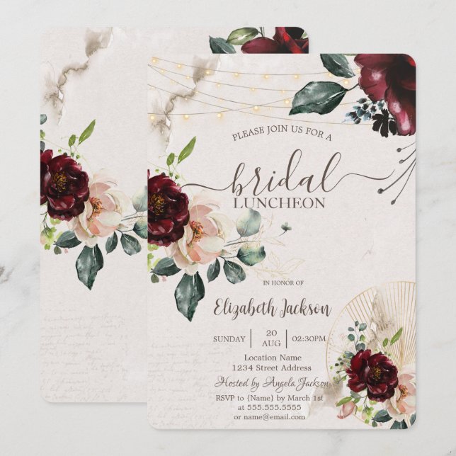 Burgund-Rose, Weinglas, Bridal Luncheon Einladung (Vorne/Hinten)