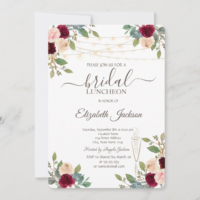 Burgund-Rose, Weinglas, Bridal Luncheon Einladung (Vorderseite)