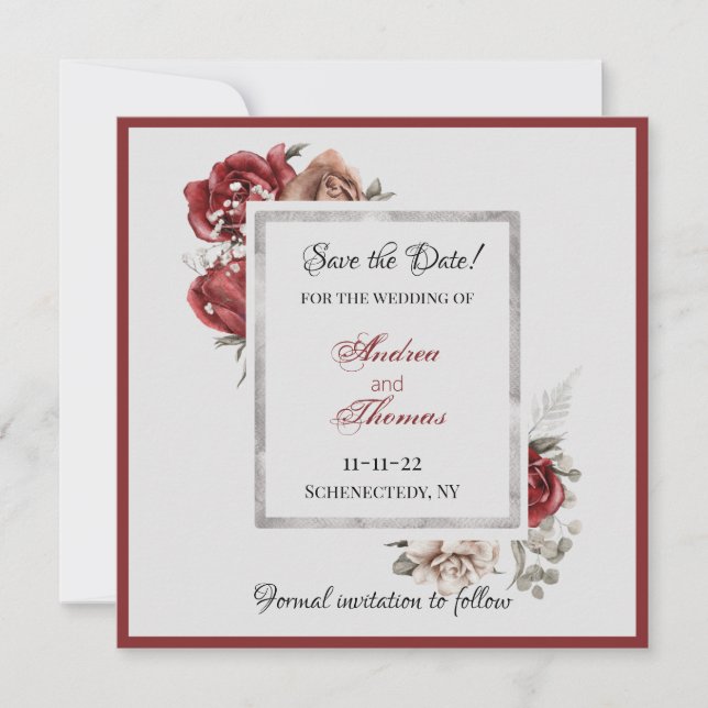 Burgund, Rose, Weiße Rosen Save the Date Einladung (Vorderseite)