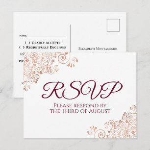 Burgund & Roségoldene Spitze Weiße Hochzeits-RSVP Postkarte