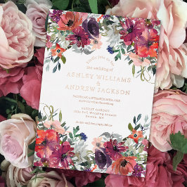 Burgund & Rosy Gold Wasserfarben Blumenhochzeit Folieneinladung