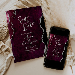 Burgund-Rot-Achat-Silber-Schrift Hochzeit Termin v Einladung