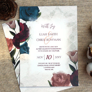 Burgund, Rot, Aquamarin, Beige Rose Hochzeit Einladung