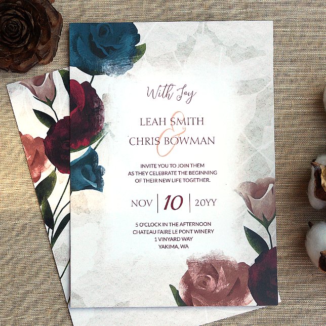 Burgund, Rot, Aquamarin, Beige Rose Hochzeit Einladung (teal green, burgundy, rose gold roses wedding invitations, botanical vintage garden wedding)
