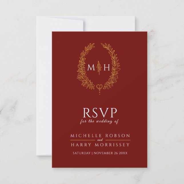 Burgund-Rot-Gold-Blatt-Monogramm-UAWG-Hochzeit RSVP Karte (Vorderseite)