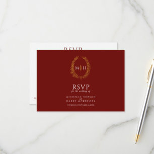 Burgund Rot-Gold-Monogramm-Menü Option Hochzeit RSVP Karte