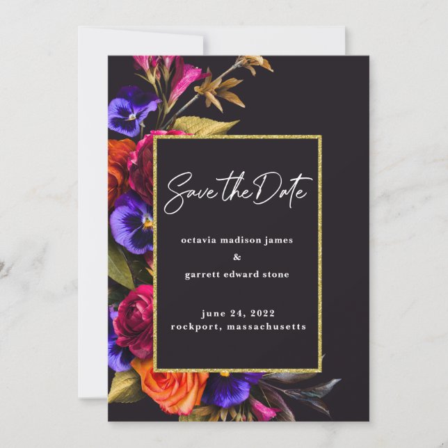 Burgund rot, Lila, orange, rosa, floral Save The Date (Vorderseite)