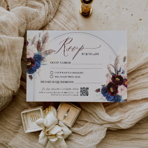Burgund-Rot-Navyblaues Blumiges Boho-Hochzeits-RSV RSVP Karte