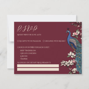 Burgund-Rot Pfau & Magnolie Hochzeit RSVP Karte
