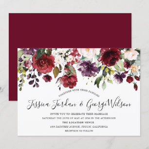 Burgund Rot-Romantische Aquarellfarben Blume Hochz Einladung