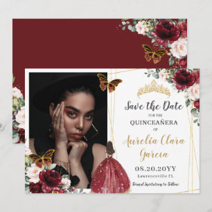 Burgund Rot Rosa Rosa Foto Quinceañera Save The Date