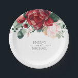 Burgund Rot und Rosa Blütenrosa Elegante Hochzeit Pappteller<br><div class="desc">Blume mit grauem,  rotem,  rotem Aquarellpapier Teller</div>