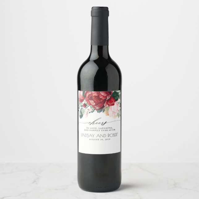 Burgund Rot und Rosa Floral Boho Weinetikett (Vorderseite)