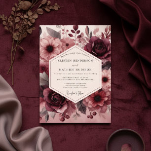 Burgund-Rot-Üppige-Blüten-Romanze-Hochzeit Einladung