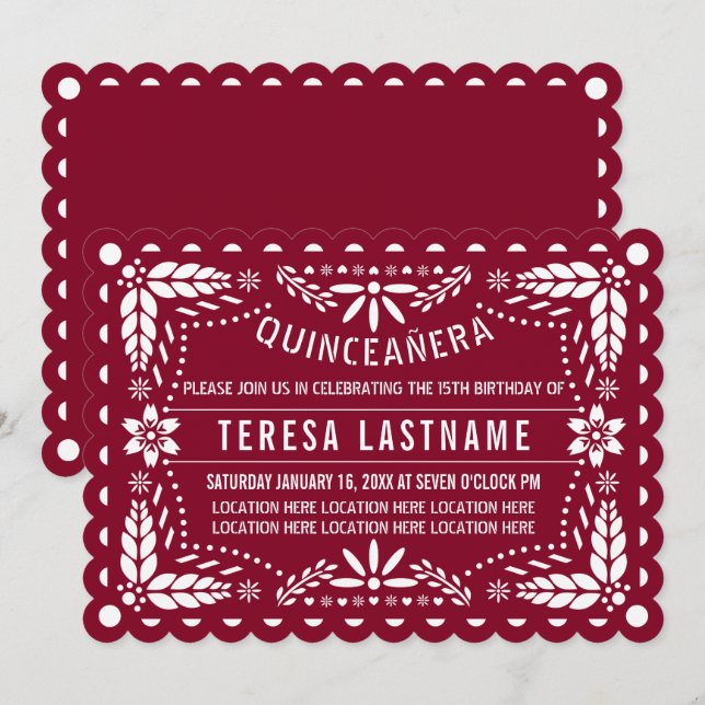 Burgund rot-weiße Papagei Picado Quinceañera Einladung (Vorne/Hinten)