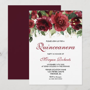Burgund Rote Blume Glitzer Quinceanera Party Einladung