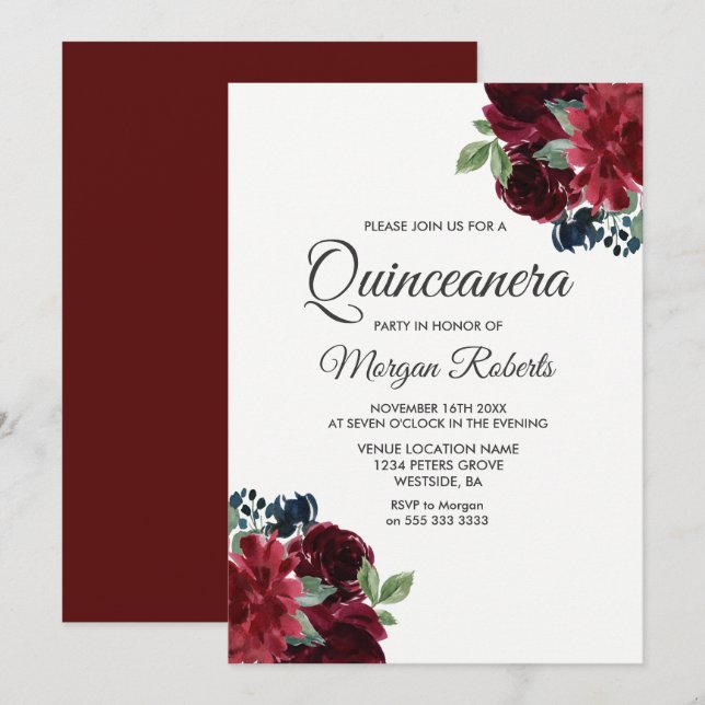 Burgund Rote Blume Quinceanera Party laden Einladung (Vorne/Hinten)