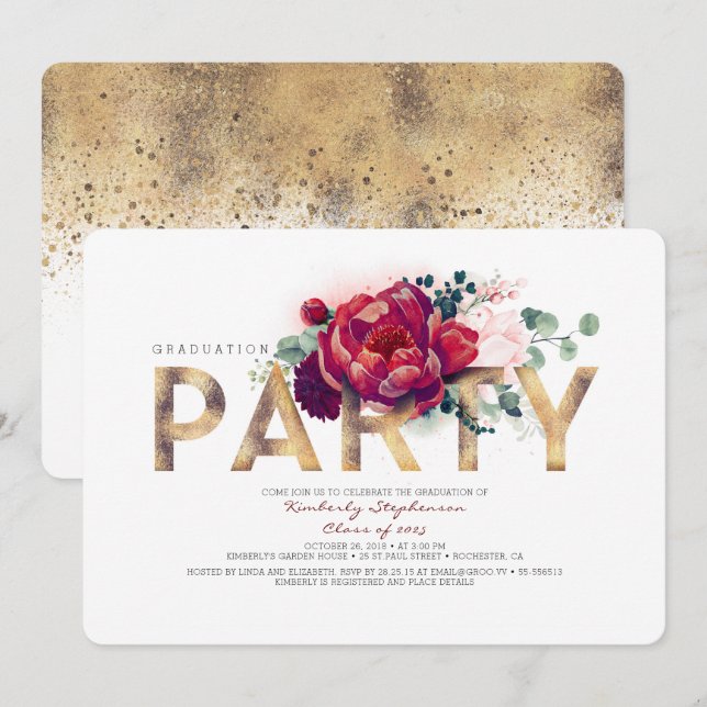 Burgund Rote Blume und Gold Graduation Party Einladung (Vorne/Hinten)