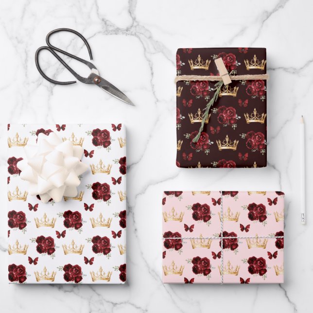 Burgund Rote Blume und Goldkronen Geschenkpapier Set (Vorderseite)