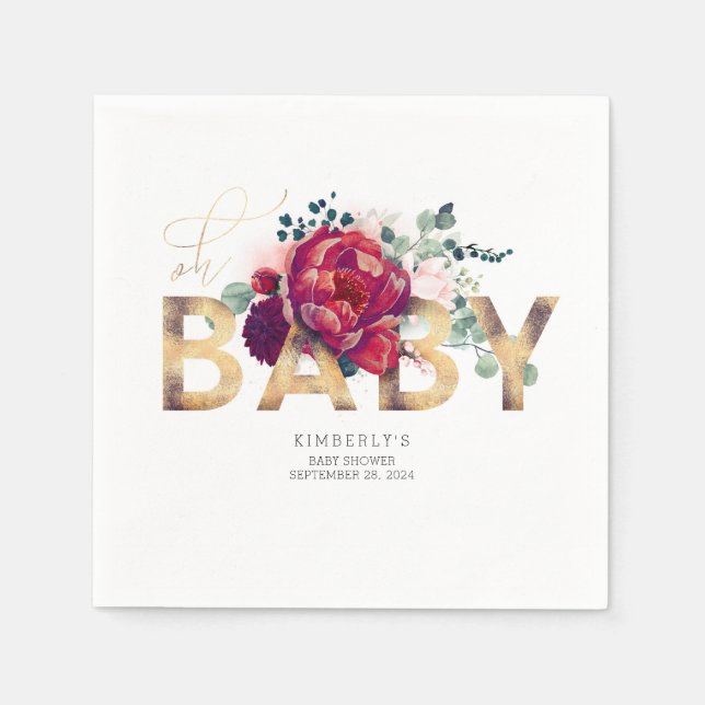 Burgund Rote Blume und Goldtypografie Serviette (Vorderseite)