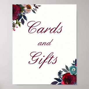 Burgund Rote Blumenkarten und Geschenke Hochzeitsp Poster