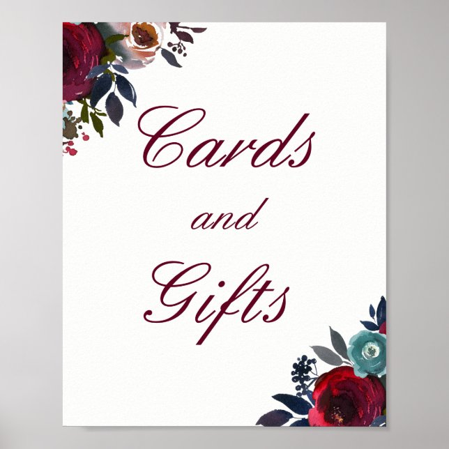 Burgund Rote Blumenkarten und Geschenke Hochzeitsp Poster (Vorne)