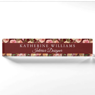 Burgund Rote Flora Elegant Modernes Personalisiert Namensplakette