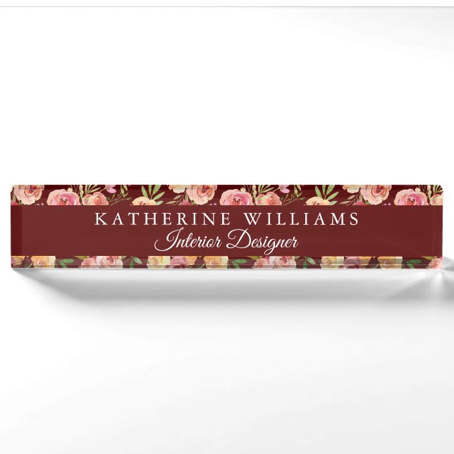 Burgund Rote Flora Elegant Modernes Personalisiert Namensplakette (Vorderseite)