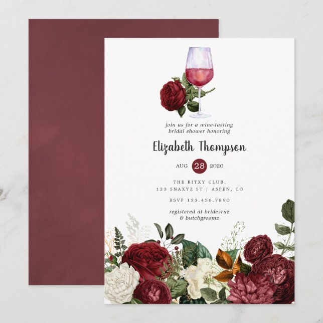 Burgund Rote Flora Weinprobe Brautparty Einladung (Vorne/Hinten)