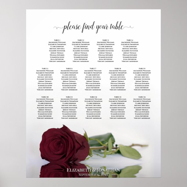 Burgund Rote Rose 14 Tabelle Hochzeitstabelle Poster (Vorne)