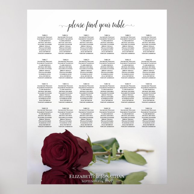 Burgund Rote Rose 24 Tabelle Hochzeitstabelle Poster (Vorne)