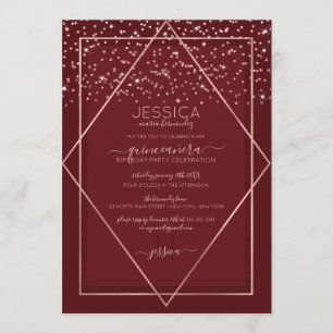 Burgund Rote Rose Gold Confetti Border Quinceañera Einladung