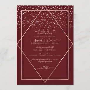 Burgund Rote Rose Gold Confetti Border Sweet 16 Einladung