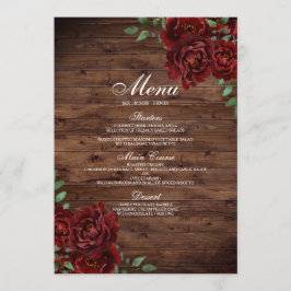 Burgund Rote Rose Rustic Wood Wedding Menü Menükarte
