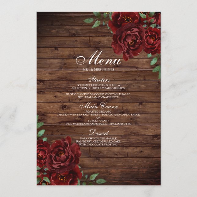 Burgund Rote Rose Rustic Wood Wedding Menü Menükarte (Vorderseite)